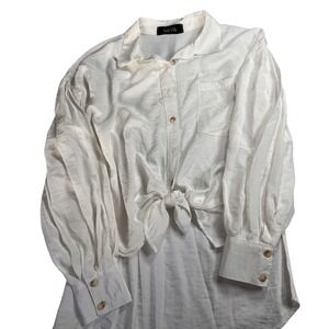 fab'rik Womens Cream Satin Tie Front Lantern Sleeve Button Down Shirt CR1627 S